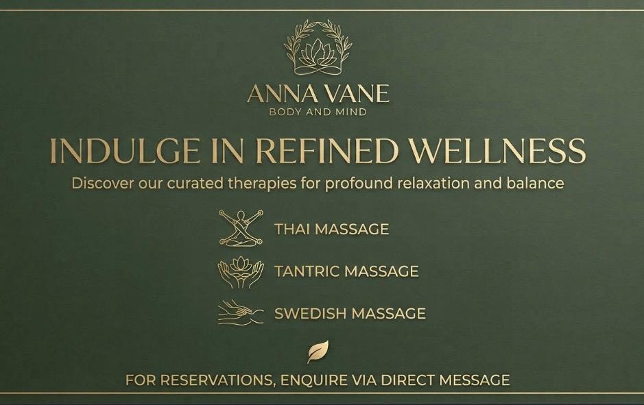 Indulge in refined wellness.
Discover our curated therapies for profound relaxation and balance.Thai massage. Tantric massage. Swedish massage. For reservations, enquire via direct message.


