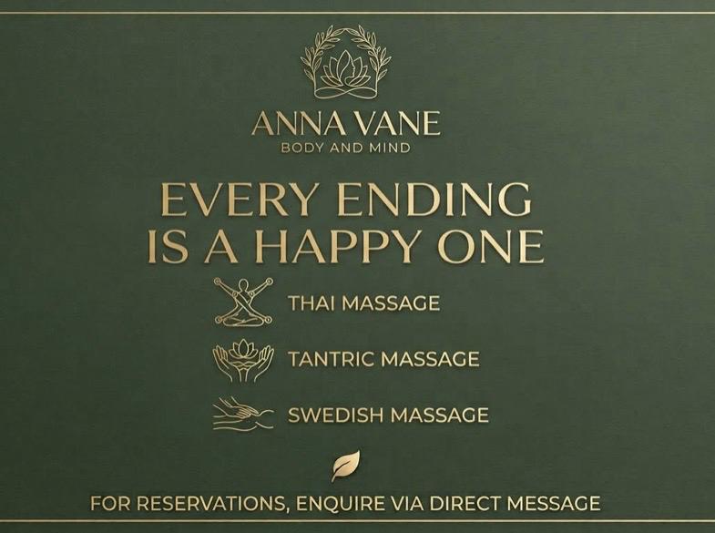 Every ending is a happy one.

Thai massage.
Tantric massage.
Swedish massage.

For reservations, enquire via direct message